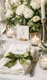 Table élégamment dressée avec des fleurs blanches, bougies et menu avec nœud vert.